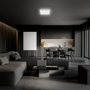 Quadratische Brilo LED-Deckenleuchte Lino, 15W, mit Sternenhimmel-Effekt in modernem Wohnraum.