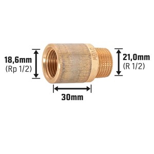 Hahnverlängerung aus Rotguss, 18,6 mm x 21 mm, 30 mm lang, für Gewindefittings.