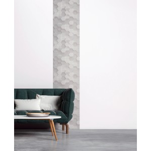 AS-Creation 3D-Panel Pop up Grafikmuster Grau-Weiß an Wand hinter Sofa.