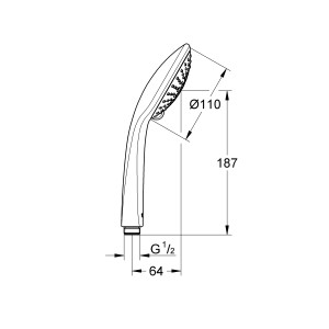 Technische Zeichnung: Grohe Euphoria 110 Handbrause, 3 Strahlarten, Chrom, mit Maßangaben.