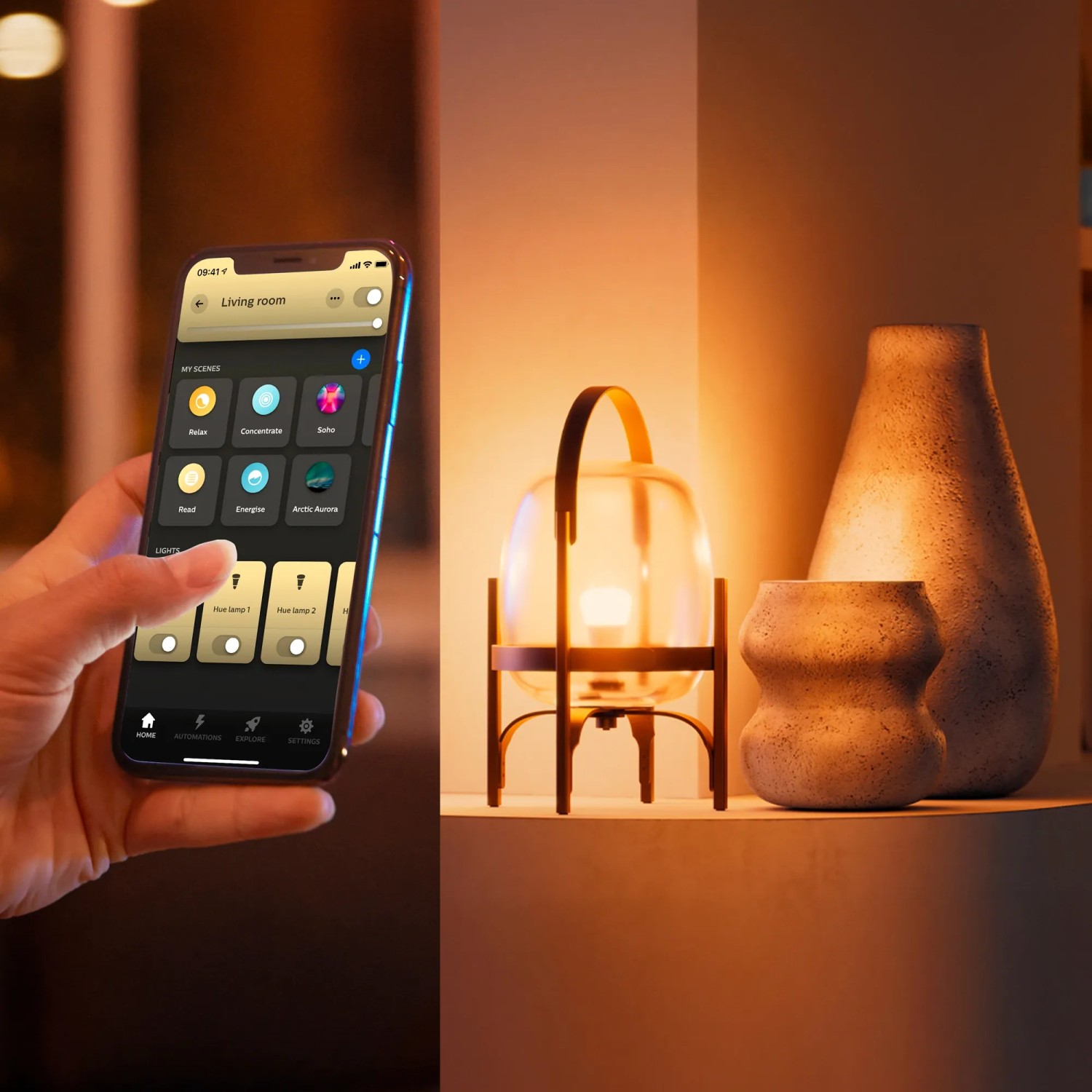 Philips Hue Leuchtmittel E27 im Einsatz, gesteuert per App. Smart Home Ambiente mit warmweissem Licht.