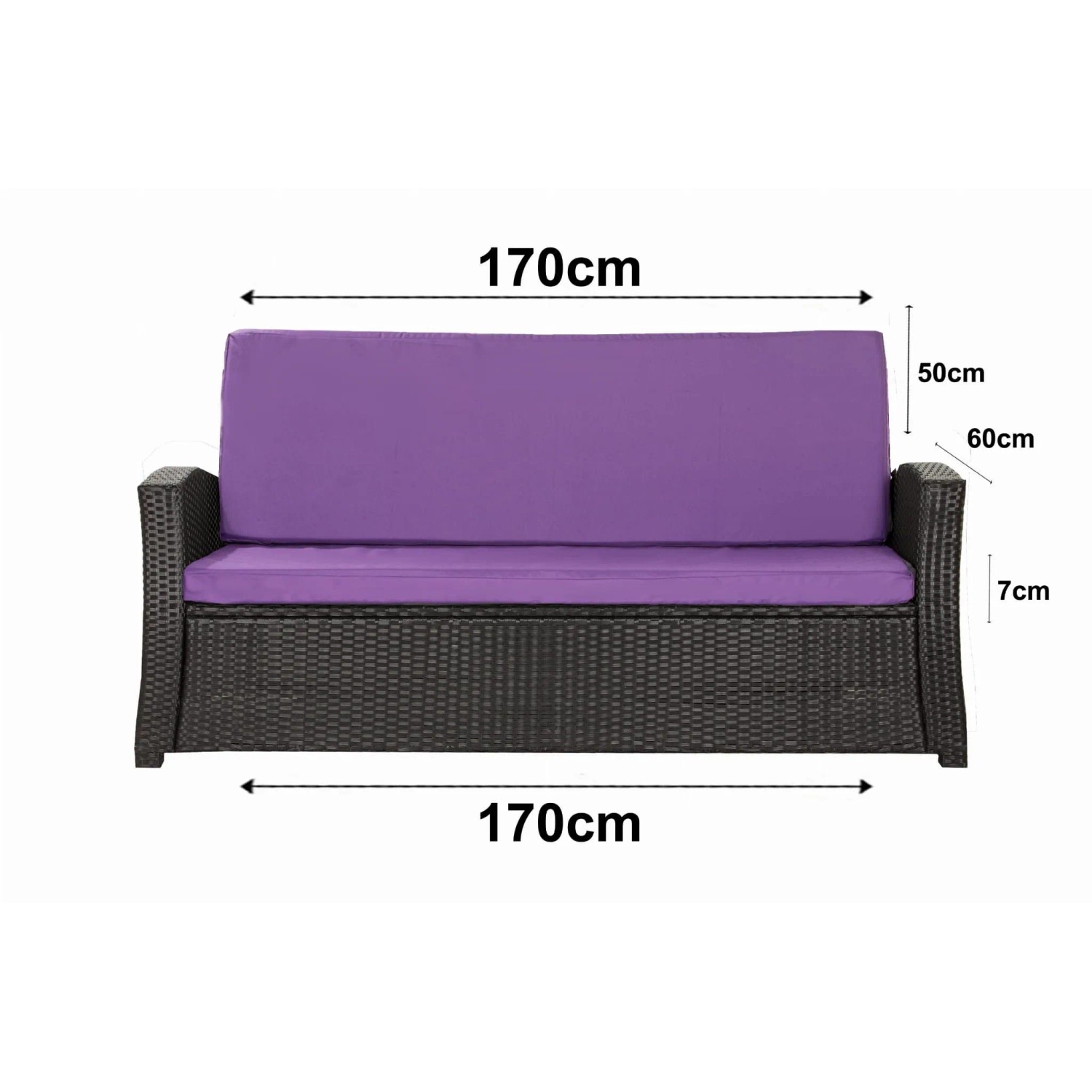 Violettes Gartenkissen-Set für 3-Sitzer Polyrattan-Gartensofa, 170x60x50cm.