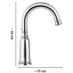 Chromfarbene baliv Waschtischarmatur WT-130 mit hohem, gebogenem Auslauf und Maßangaben.