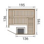 Grundriss der Weka Massivholzelementsauna Kemi Eck mit Maßen 195x195x136 cm.
