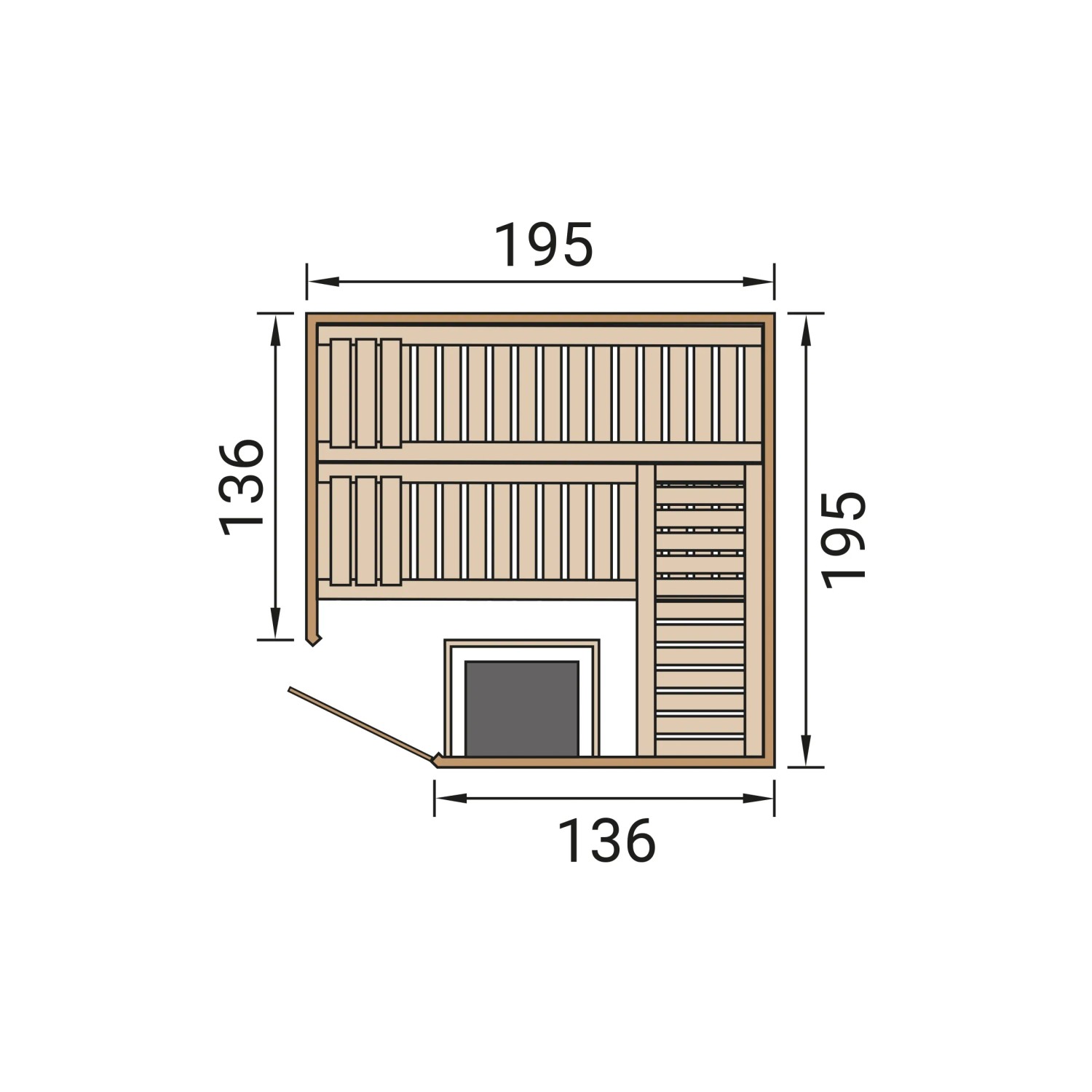 Grundriss der Weka Massivholzelementsauna Kemi Eck mit Maßen 195x195x136 cm.