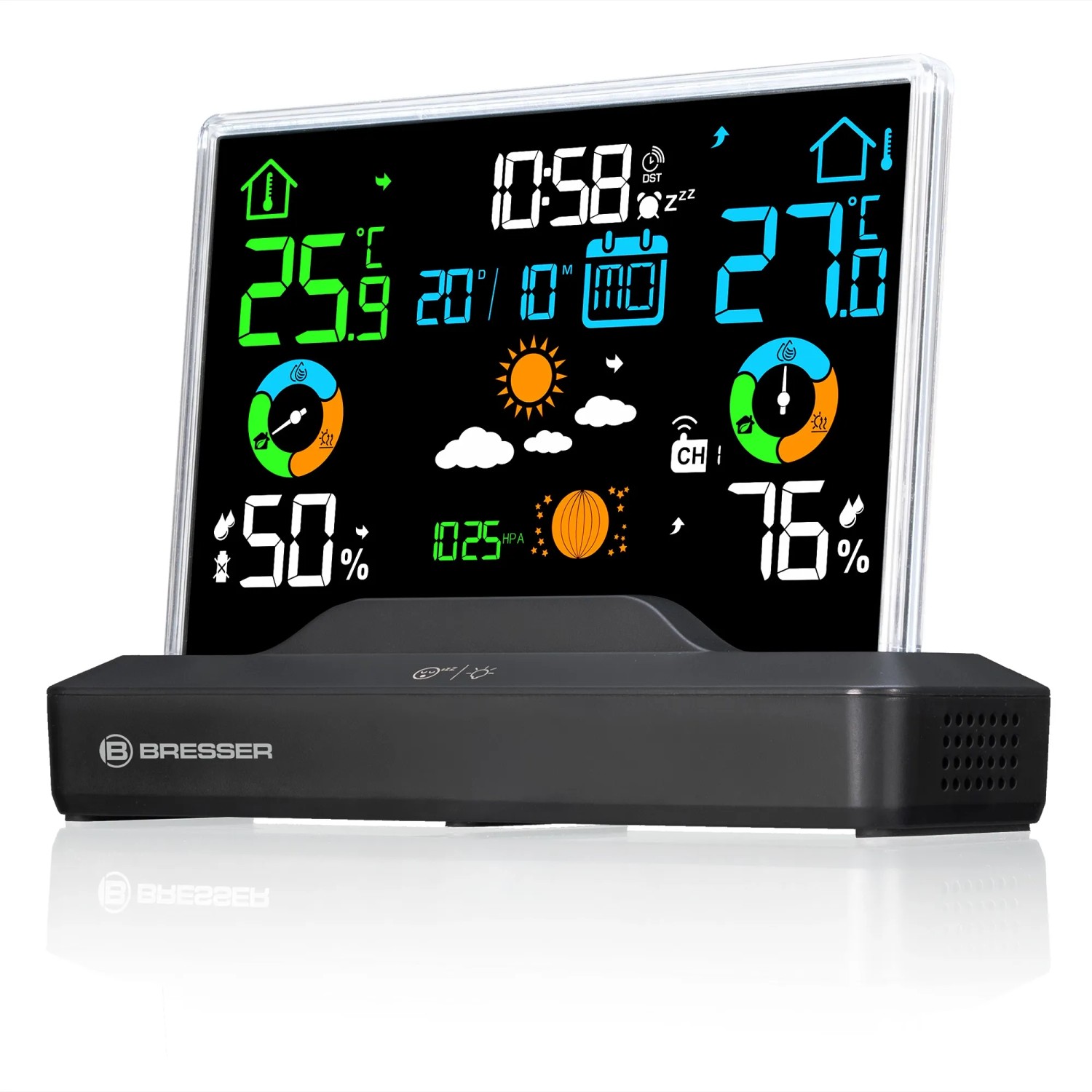 Bresser Funk-Wetterstation mit rahmenlosem Display in Schwarz zeigt Wetterdaten.
