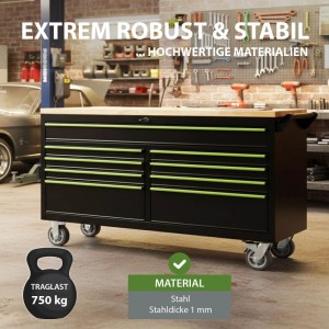 TRUTZHOLM Werkstattwagen Star XXL 163 X 97 cm Arbeitsplatte Gummibaumholz 9 Schubladen Kugelgelagert Werkbank