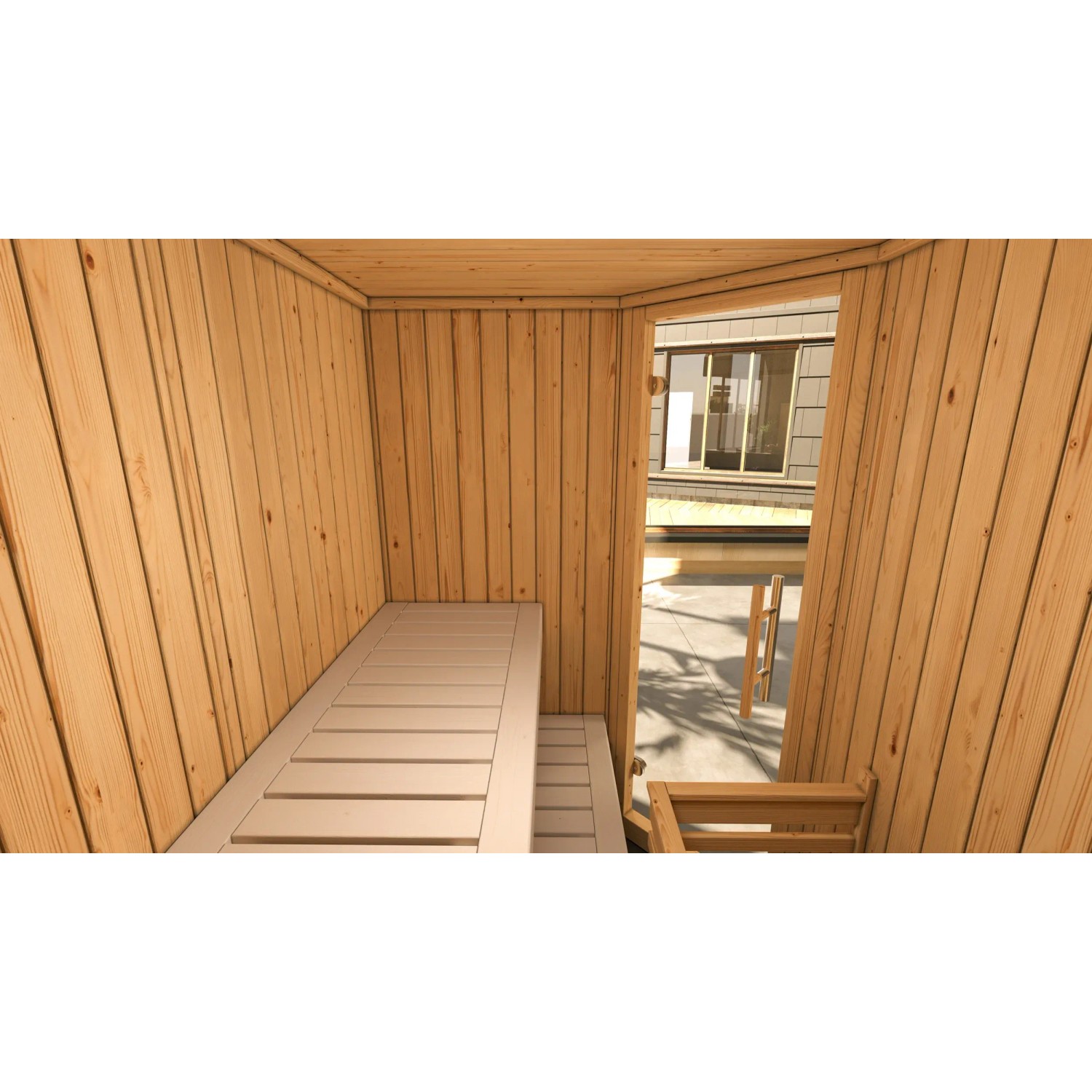 Innenansicht der weißen Weka Elementsauna Varberg Trend mit Liege und Eckeinstieg.