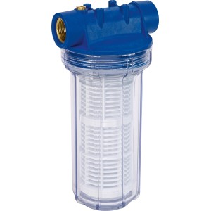 Vorfilter für Gartenpumpen und -automaten, 2 Liter, mit blauem Kopf und transparentem Gehäuse.
