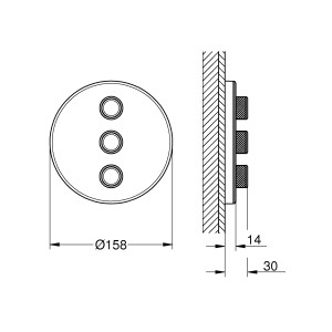 Grohe Grohtherm SmartControl 3-fach Unterputzventil in Moonwhite, Schemazeichnung mit Maßen.