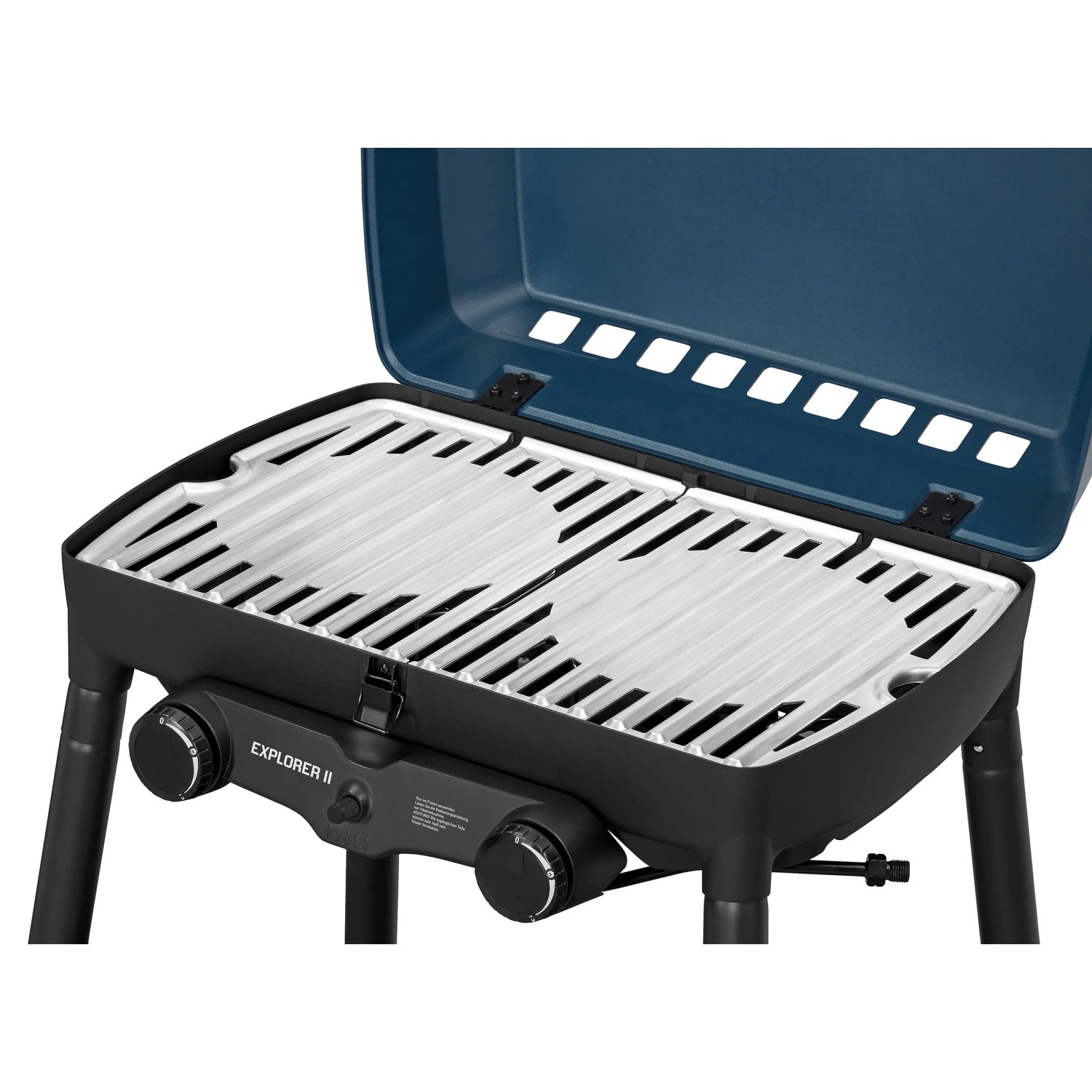 Enders Camping-Gasgrill Explorer II mit Edelstahlrost und blauer Haube.