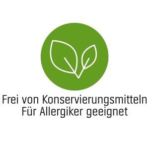 Symbol: Wandfarbe Arcticweiss ohne Konservierungsmittel, für Allergiker geeignet.