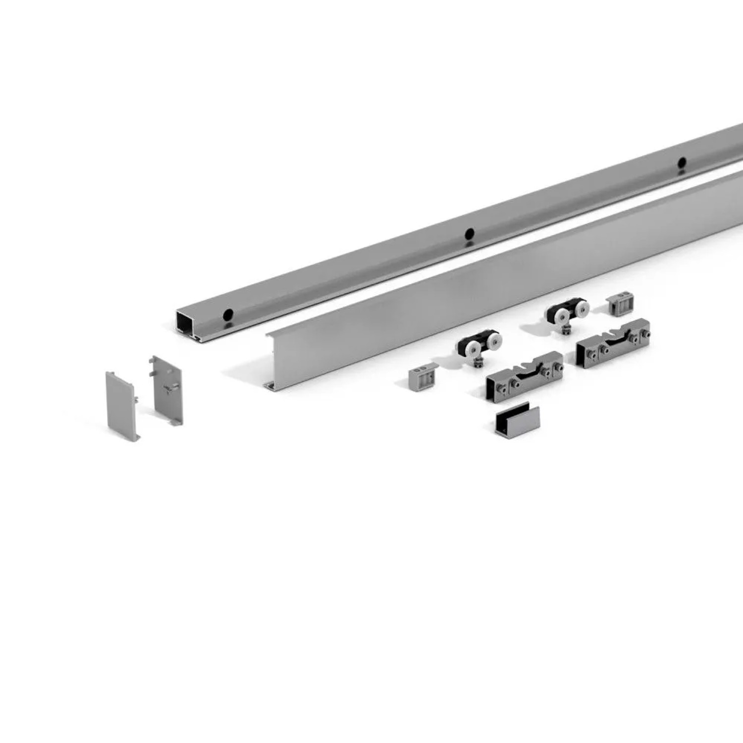 Levidor Glasschiebetür Komplettset: Aluminium Schienensystem, Laufwagen, SoftClose-Dämpfer und Montagezubehör für Glastüren.