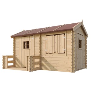Timbela Kinderspielhaus M503 aus Holz mit Boden, Fensterläden und Tür. Ideal für den Garten.