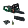 Bosch Akku-Kettensäge PKE18V-30-28 mit Akku, Ladegerät, Kettenschutz und Öl.
