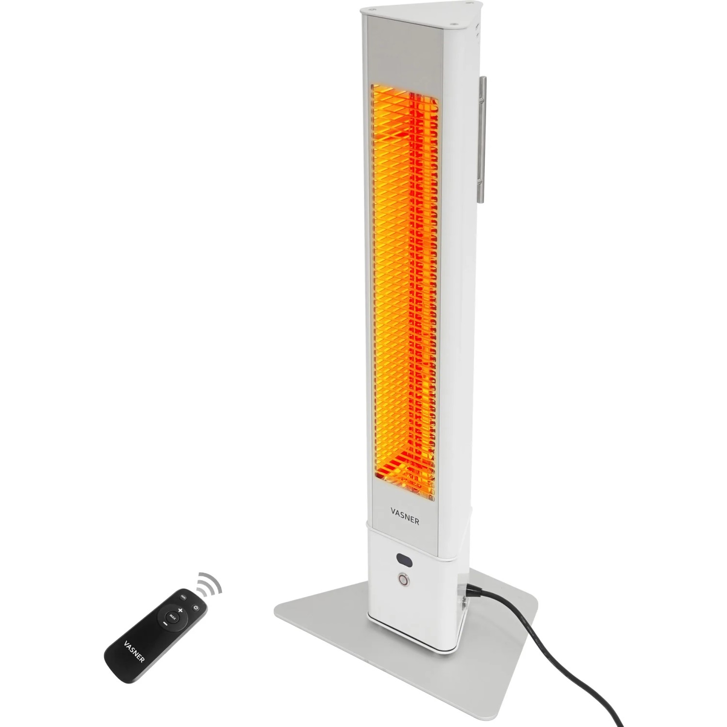 Weißer Vasner Infrarot-Heizstrahler HeatTower 2500W mit Fernbedienung für Terrasse.