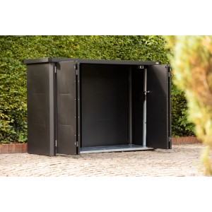 Geöffnete, anthrazitfarbene Velotto Fahrradbox (203x75cm) im Garten. Robuste Fahrradaufbewahrung.