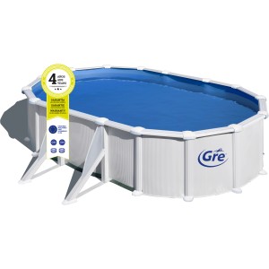 Weißer Gre Stahlwandpool Atlantis, 610x375x132 cm, ovale Form. Komplettes Pool-Set mit blauer Poolfolie.