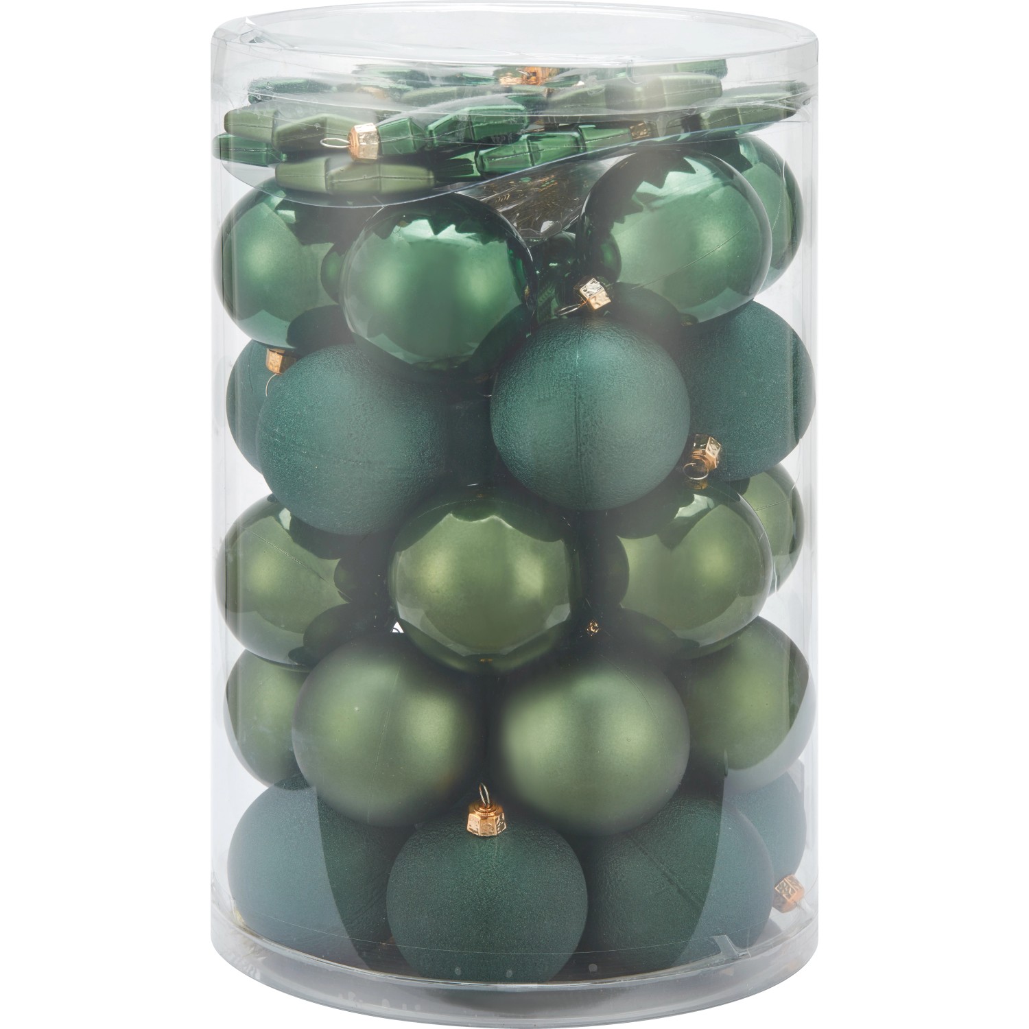 50-teiliges Weihnachtskugel-Set (Ø 6 cm) in Grün mit glänzenden und matten Oberflächen.