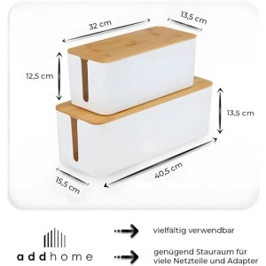 addhome Kabelbox 2er Set, weiß mit Bambusdeckel, zur Aufbewahrung und Ordnung von Kabeln.