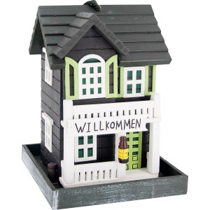 Dekoratives Vogelfutterhaus "Willkommen" aus lackiertem Holz für Wildvögel im Garten.