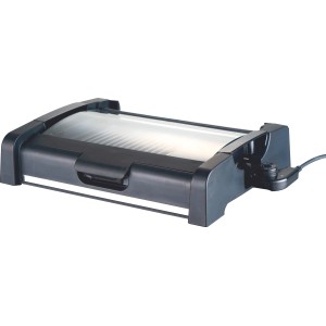 Schwarzer Elektro-Tischgrill Ottawa mit Glasabdeckung, ideal für rauchfreies Grillen auf dem Tisch.