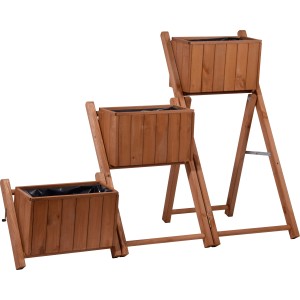 Braune, dreistufige Pflanztreppe aus Holz, entfaltbar für Garten und Balkon.