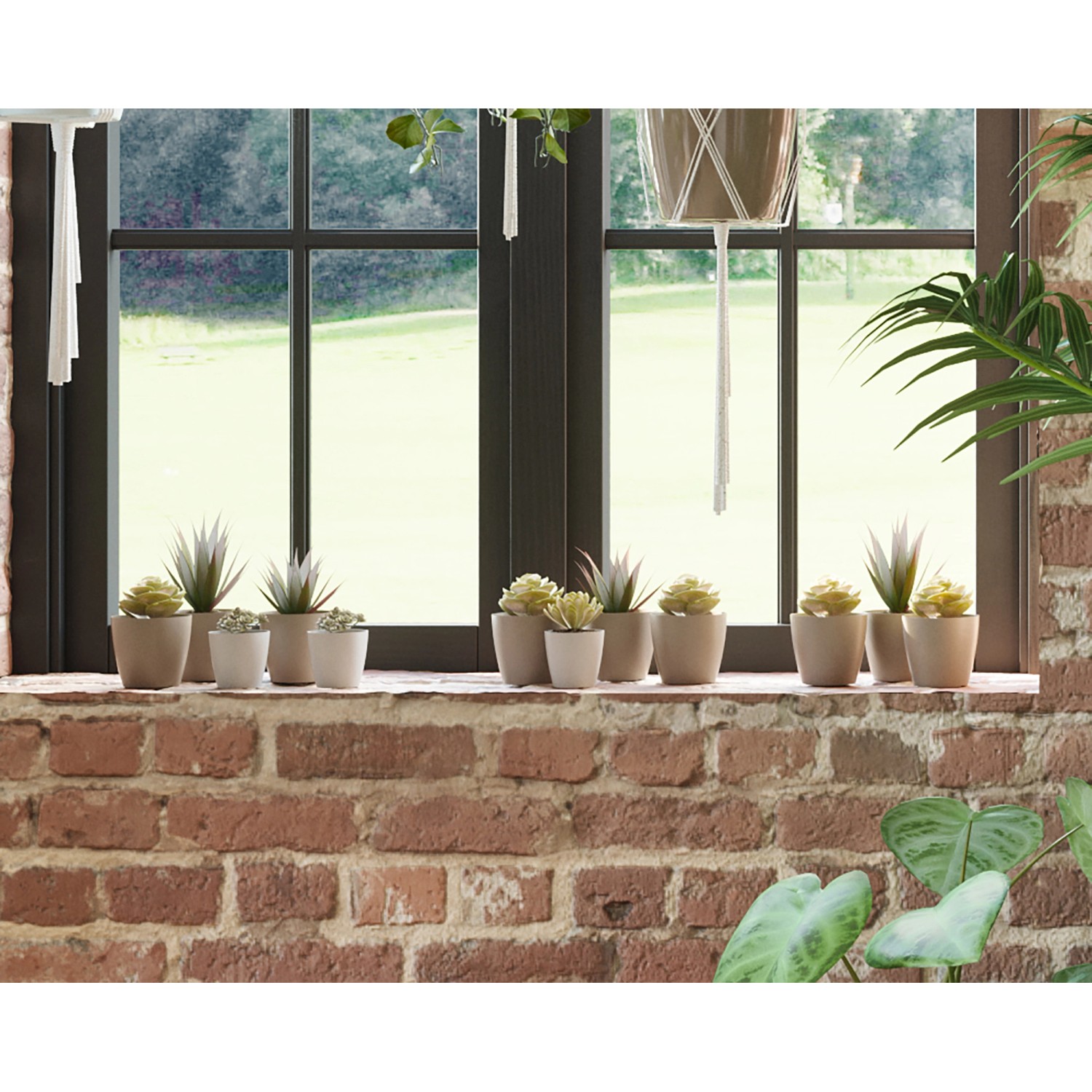 Artevasi San Remo Übertopf, 6 cm, Weiß, matte Oberfläche, auf Fensterbank mit Pflanzen.