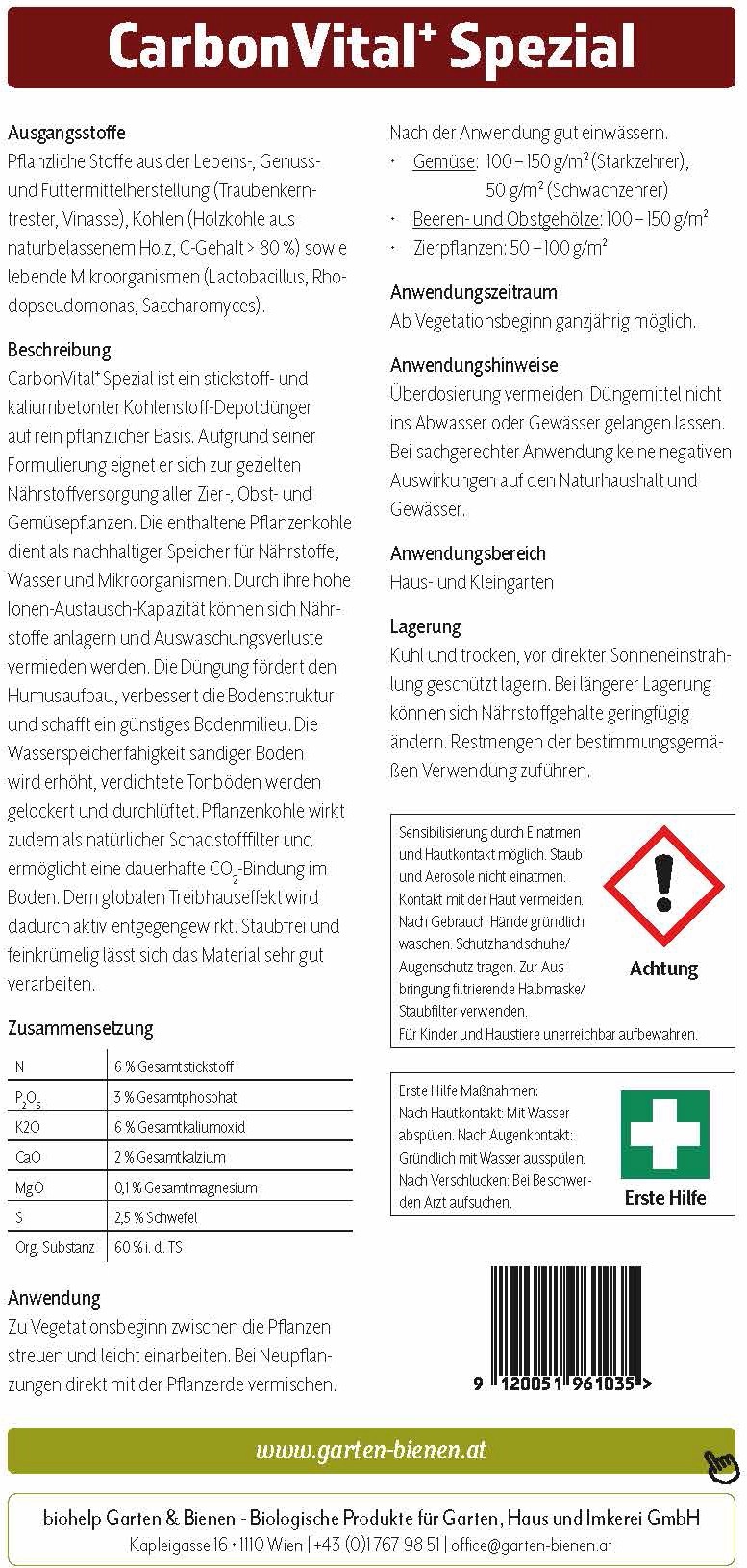 Biohelp CarbonVital Plus Spezial Dünger für Zier, Obst und