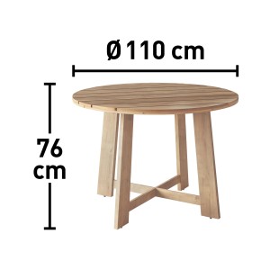 Runder Gartentisch Tanami aus Holz, Ø 110 cm, ideal für Balkon oder Terrasse.