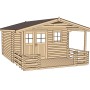 Abbildung eines unbehandelten Weka Holz-Gartenhauses mit Satteldach und überdachter Veranda.