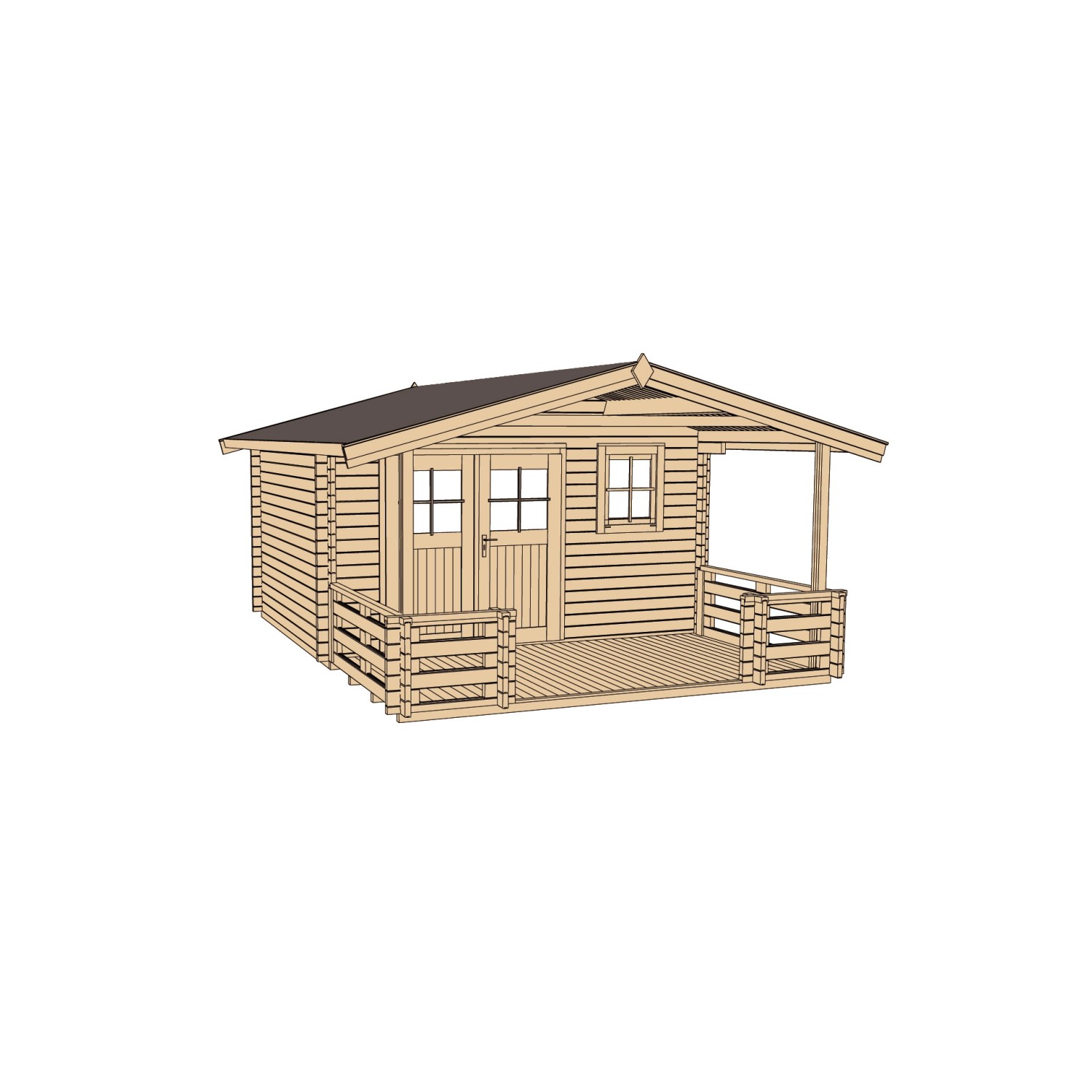 Abbildung eines unbehandelten Weka Holz-Gartenhauses mit Satteldach und überdachter Veranda.