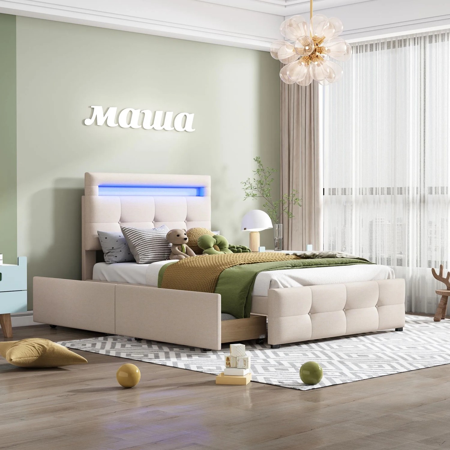 okwish Polsterbett 90x200cm mit LED Leuchten Kinderzimmer Beige ohne Matratze_3