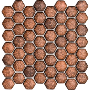 Mosaikmatte Ebru Hexagon Glas Bronze, Detailansicht der sechseckigen Mosaikfliesen.