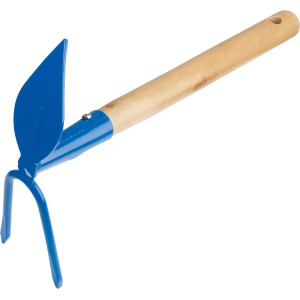 Blaue Hand-Doppelhacke in Herzform mit Holzstiel zum Jäten und Lockern von Erde.