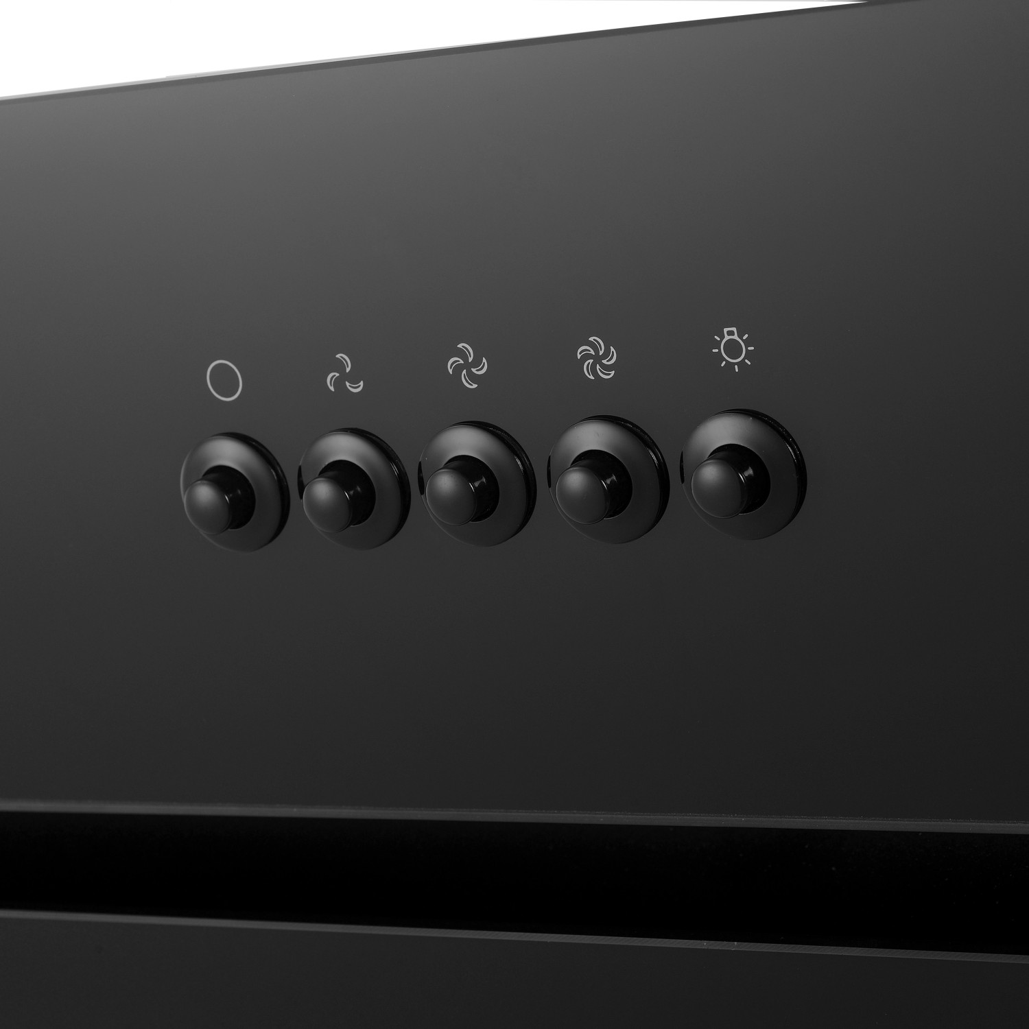 Detailaufnahme der Bedienelemente der Respekta Dunstabzugshaube in Schwarz, Teil der Premium Küchenzeile.