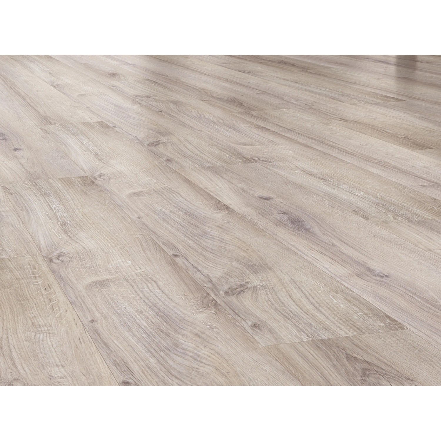 Laminatboden Comfort Eiche Natur, 7 mm stark, mit Holzstruktur und Maserung.