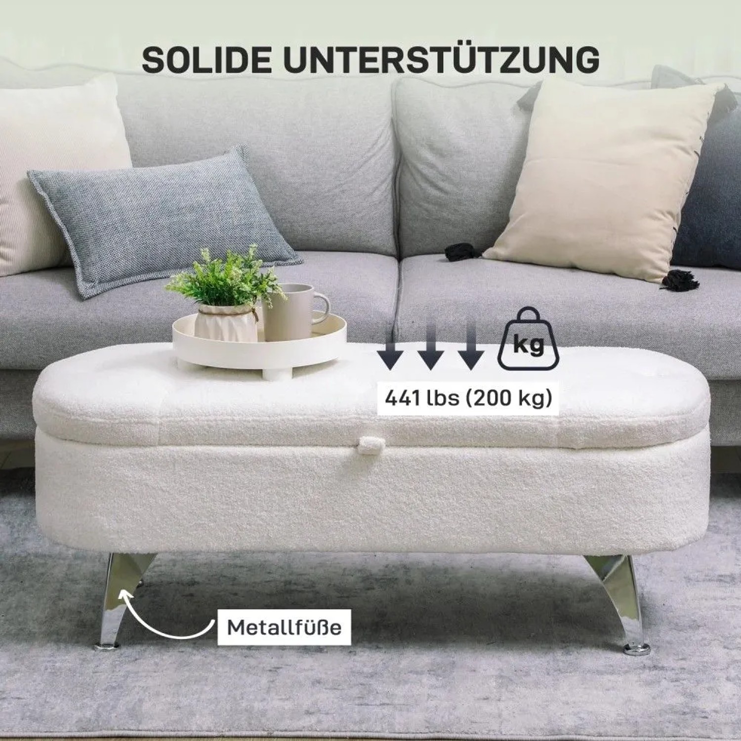 Weiße ovale HOMCOM Sitzbank mit Teddysamtbezug, Stauraum und glänzenden Metallbeinen im Wohnzimmer. Belastbar bis 200 kg.
