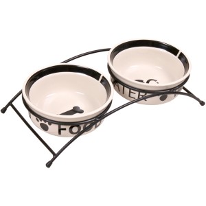 Jollypaw Hundenapf-Set mit 2 weißen Keramiknäpfen (je 0,6 l) in schwarzem Metallhalter.