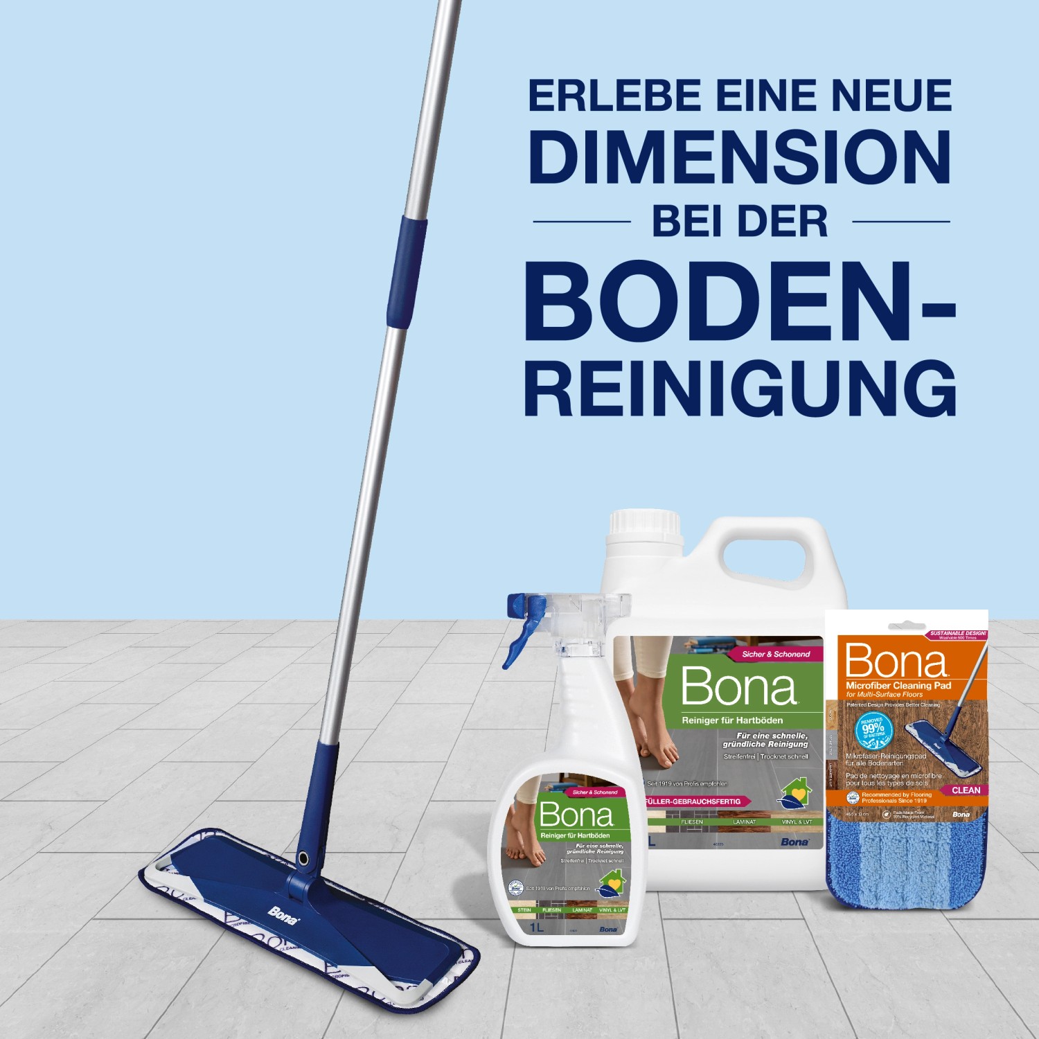 Bona Reinigungs-Set für Stein-, Fliesen- und Laminatböden mit Reiniger, Wischer und Reinigungspad.