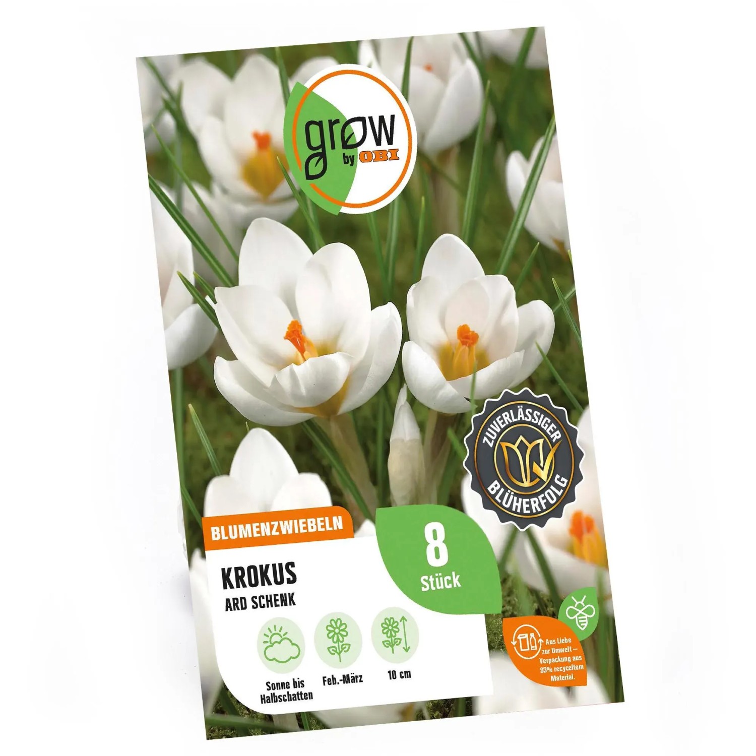 Verpackung mit 8 weißen Krokus Ard Schenk Blumenzwiebeln von GROW by OBI. Blühen im Frühjahr.