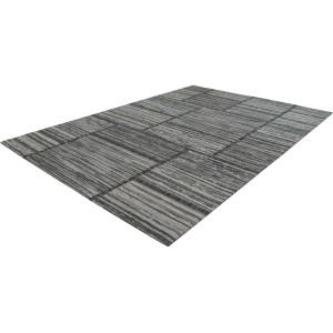 Moderner Kayoom Teppich Phoenix in Grau-Beige, 80x150 cm. Jacquard-Muster mit Streifen und Rechtecken.