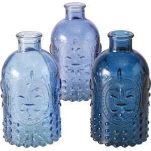 Boltze Vase Country, 3 blaue Glasvasen mit Relief, 12 cm hoch.