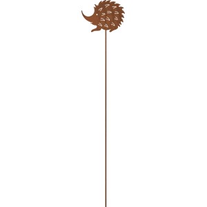 Gartenstecker Igel aus Metall in Rostoptik, 110cm hoch, zur Dekoration im Garten.