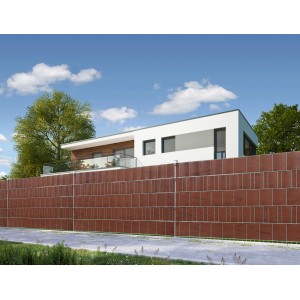 Braune Floraworld PVC Sichtschutzstreifen in Holzoptik für Doppelstabmattenzaun.