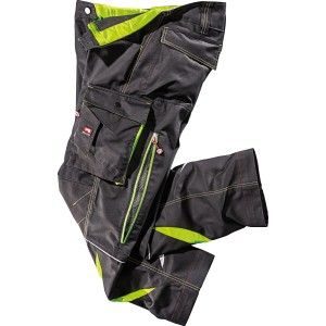 Bullstar Arbeitshose Ultra, schwarz-lime, Gr. 48. Moderne Arbeitskleidung mit vielen Taschen und hochgezogenem Bund.