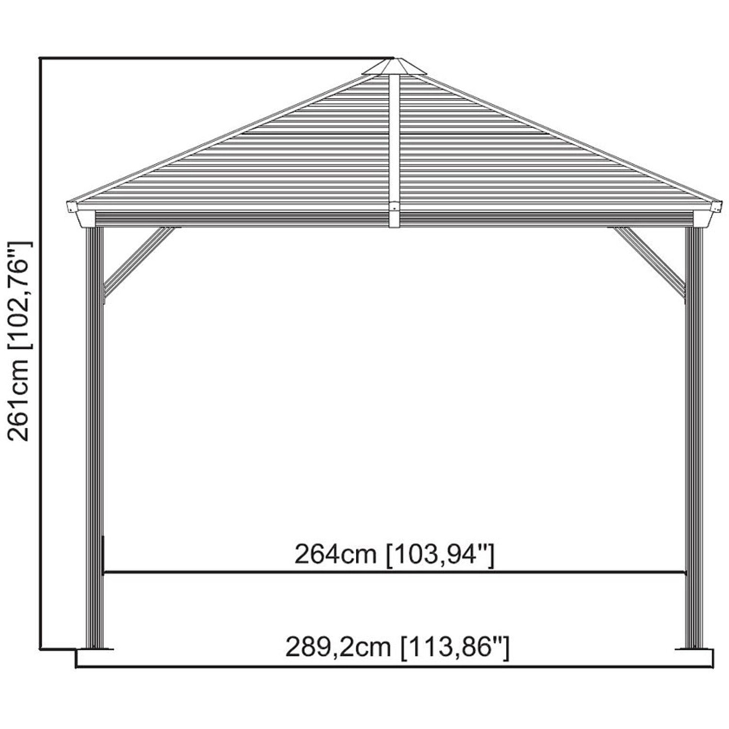 Technische Zeichnung des anthrazitfarbenen Sojag Pavillon Ventura mit Maßangaben.