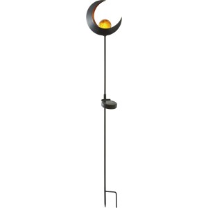 Schwarze Star Trading Solar-Leuchte Melilla in Mondform mit gelber Kugel, 53 cm hoch, für den Garten.