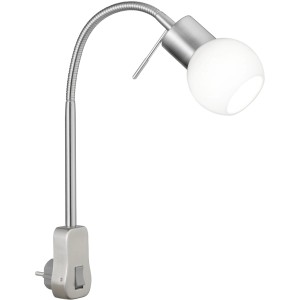 Trio Strahler Fred, Nickel matt, mit flexiblem Arm und weißem Glas, eine Steckdosenlampe.