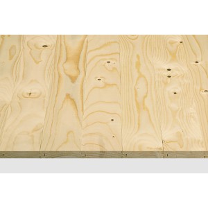 Nahaufnahme von unbehandeltem Fichte/Kiefer Rauspund (19x96x4000 mm) mit Holzmaserung.